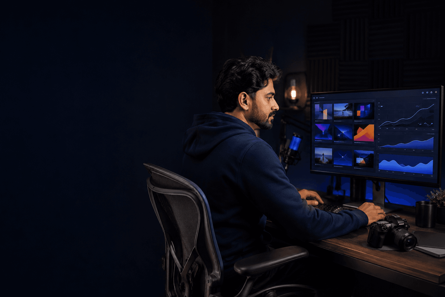 Video creator reviewing a campaign plan in a studio